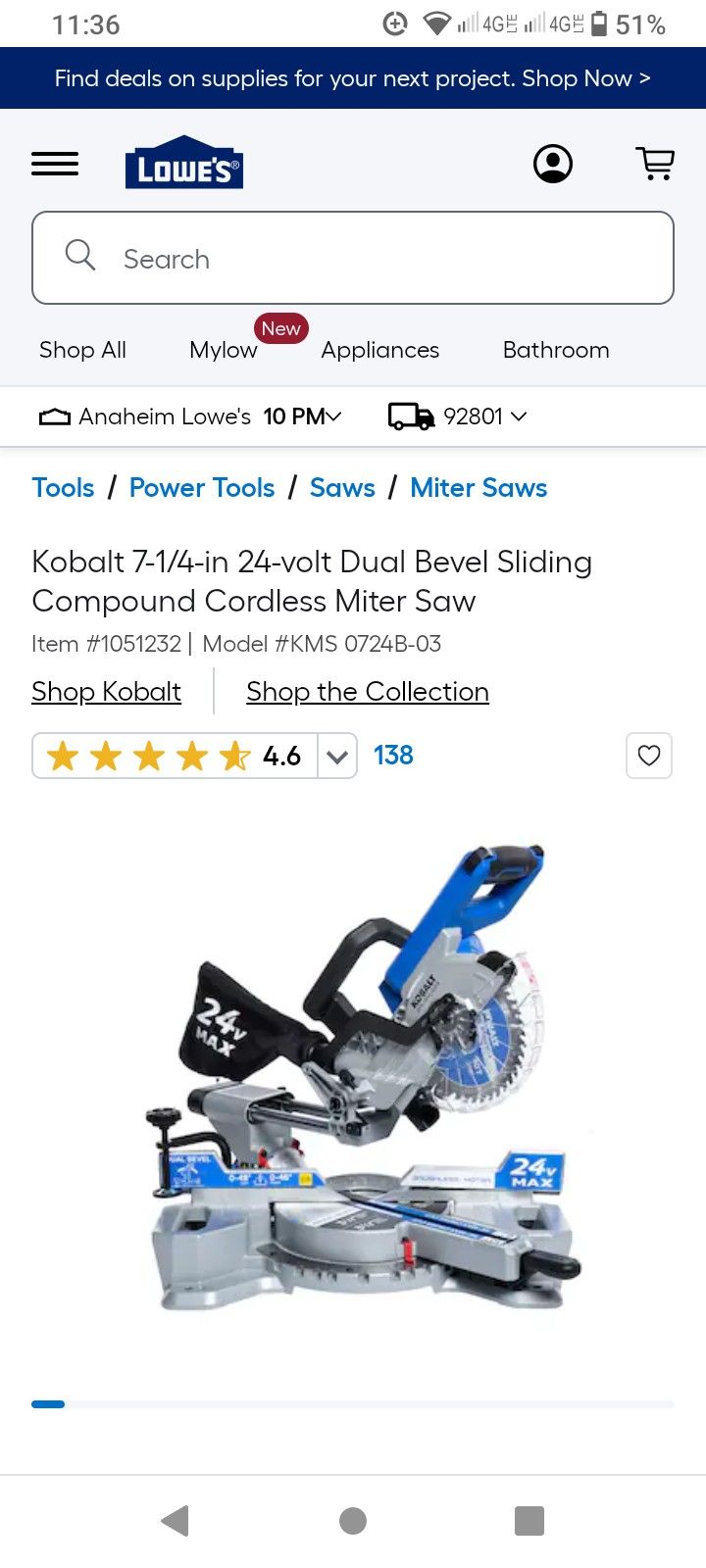 Kobalt 71/4" Dual Bevel Sliding Compound Cordless Mitre Saw