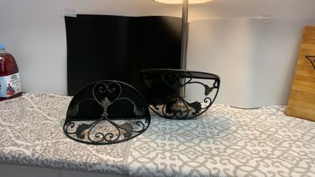 Pair Of 2 Vintage Black Metal Pocket Or Wall Shelves 