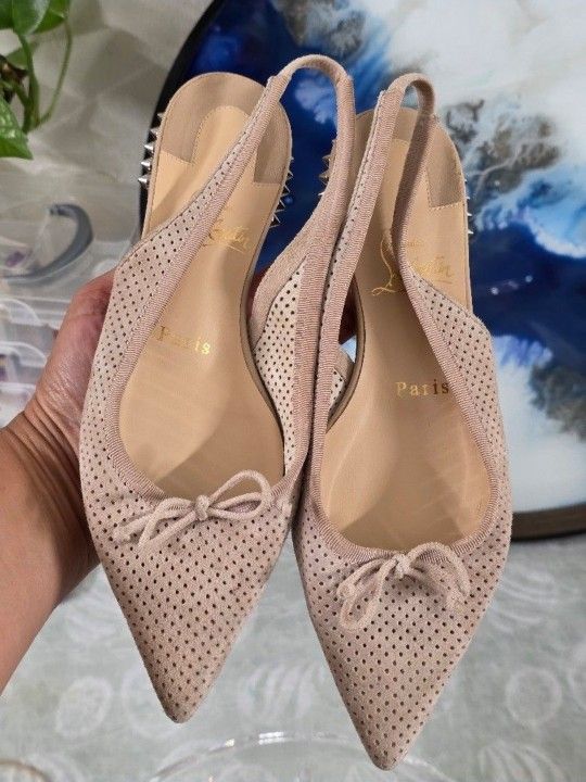 Christian Louboutin HALL SLING Spike Studded Heel Suede Flat Sandals Shoes  35 1/2