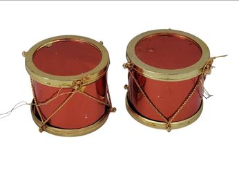 (Lot Of 2) Red & Gold Metal Drum Hanging Christmas Tree Ornaments Solid Pattern. This product is a set of two red and gold metal drum hanging Christma