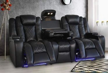 Valencia Oxford Home Theater Seating | 11000 Top Grain Black Leather, Power Recliner, with Drop Down Center Console