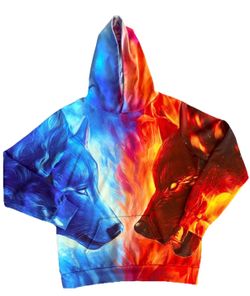 Men's Multicolor Wolf Graphic Print Pullover Hoodie Long Sleeve Hooded Size M