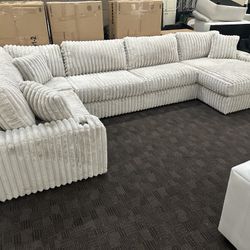 Big Soft Beige Grey Corduroy Sectional Couch