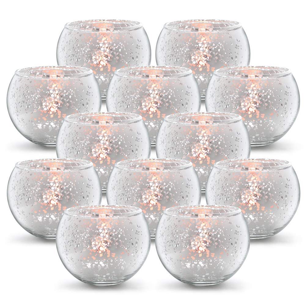 New Round Silver Votive Candle Holders Mercury Glass Tealight Set of 12 (Tarpon Springs)