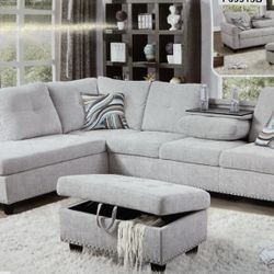 White Linen Sectional Couch With Drop Down Table 