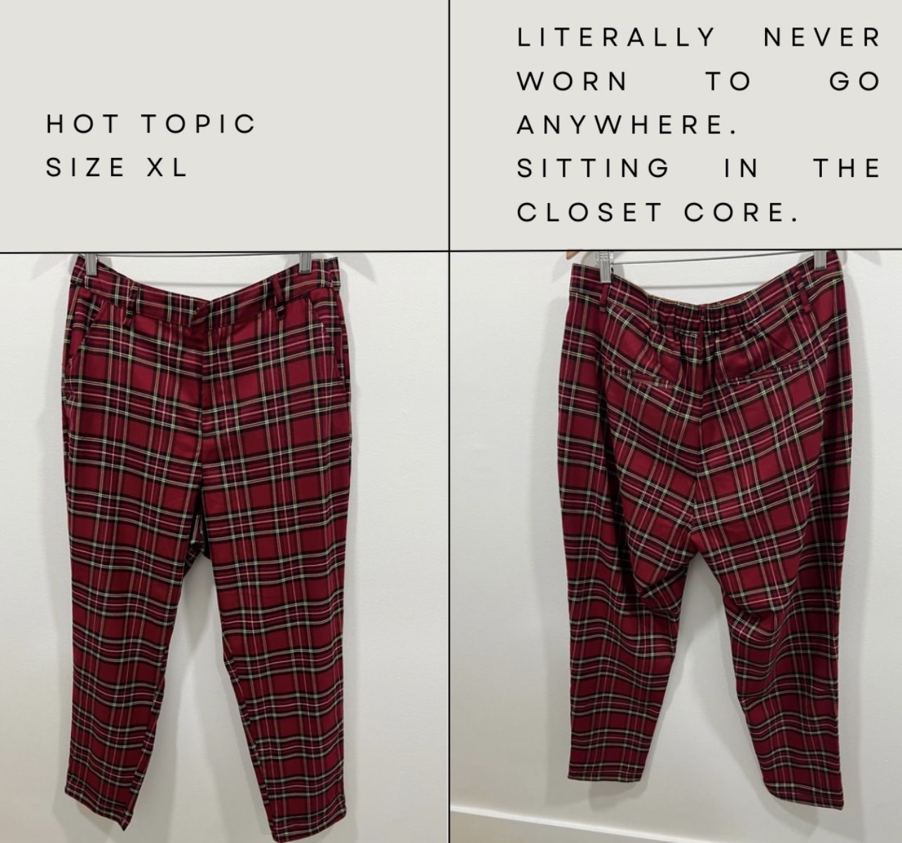 Plaid Red with black. Long pants. Hot topic