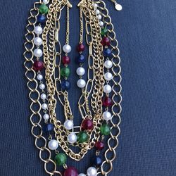 Vintage Gold Tone Faux Pearl Multicolor Bead 6Strand Necklace 