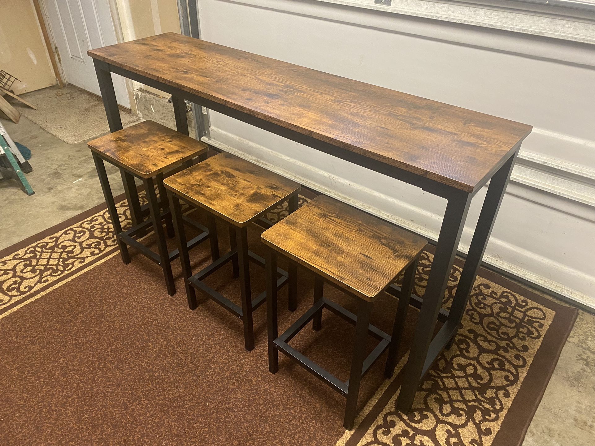 Wood Bar With Metal Frame And 3 Stools - New Condition