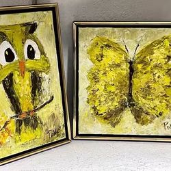 Mid-Century Modern MCM Art Pair – Original 1970s Paintings – Owl & Butterfly – Framed