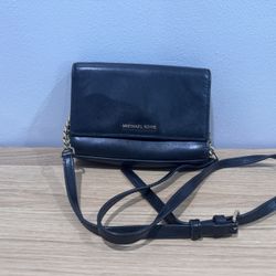 Michael Kors Leather Flap Crossbody – Black with Gold Chain