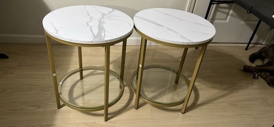 2 Round Side Table, Glass End Table with Metal Frame, Gold Coffee Table with Modern Style, for Living Room, Balcony, Bedroom, Gold Color