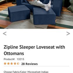 Jaxx Zipline Sleeper Loveseat with Ottomans - Blue