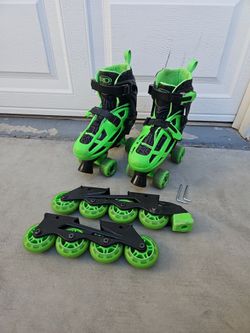 Roller Derby Boys 2-in-1 Rollerblades / Inline Skates / Roller Skates / Black/Green/ Adjustable Size 3-6