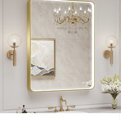 36x28 Inch LED Bathroom Mirror with Light,Gold Metal Frame Lighted Vanity Mir...
