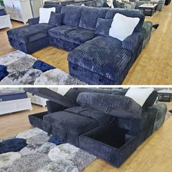Black corduroy double chaise sectional sleeper sofa with pull out Sofa bed