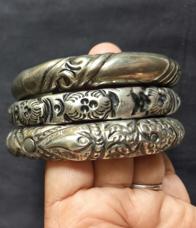 3 Antique Silver Tone Bangle Bracelets Engraved Patterns Fits 2.50" Wrist Size