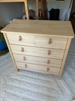 Lovely blonde wood dresser with leather pulls