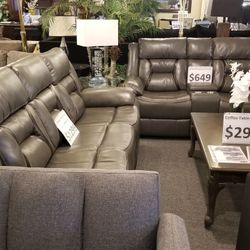 Brand New Gray Leather Or Fabric Manual Reclining Sofa + Loveseat 2PCs Set