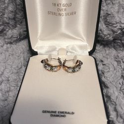 18k Over Silver Genuine Diamond/ Emerald Hoops 