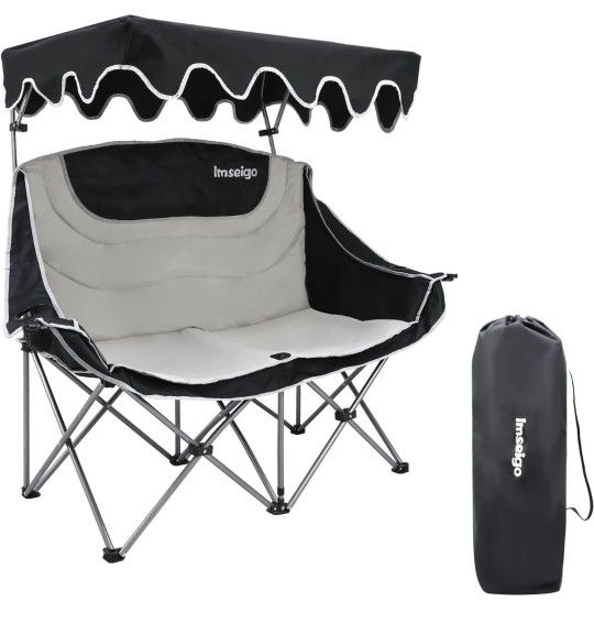 Double Camping Chair with Adjustable Shade Canopy Oversized Portable Folding Loveseat Couch, 2 Person Soft Padded Couch Back Storage Bag Cup Holder fo