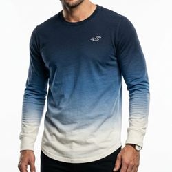 Hollister Surf Grunge Ombre Dip Dye Curved Hem Long Sleeve Tee Blue White XS