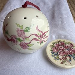 Vintage ceramic pomander, also known as a Scentomander w/  flower tile magnet
