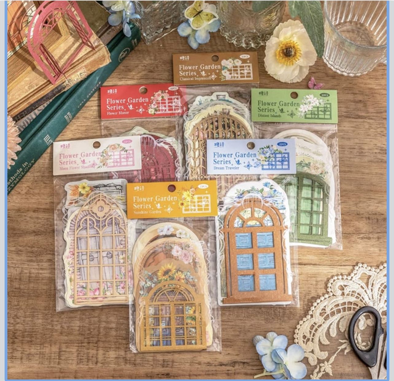 Aesthetic Scrapbook Paper, DREMISI 90Pcs Vintage Garden Door Scrapbooking Supplies, 30 Styles Junk Journal Supplies, Window Frames Border Decorative C