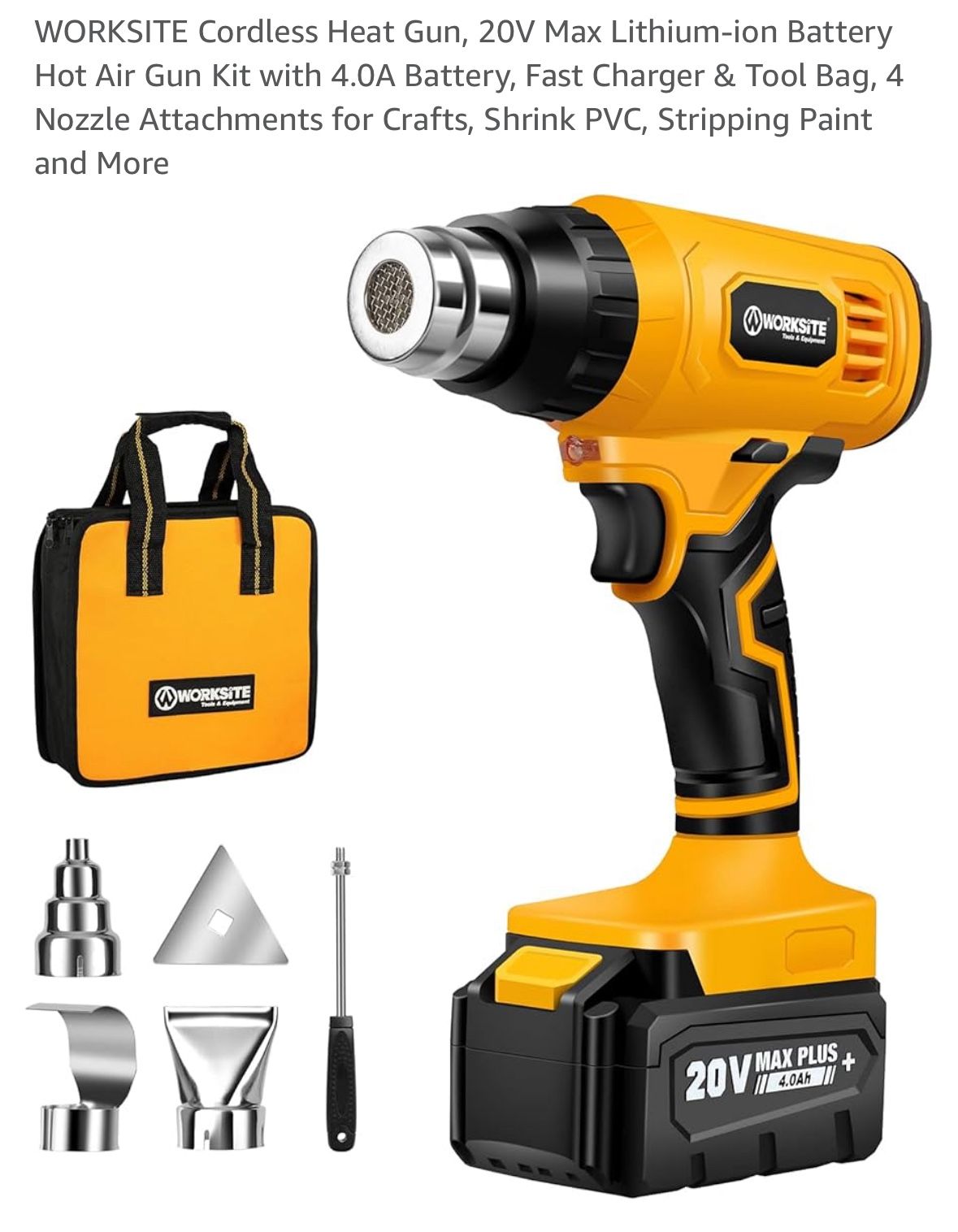 WORKSITE Heat Gun Cordless, 20V Max Lithium-ion Battery Hot Air Gun Kit with 4.0A Battery, Fast Charger & Tool Bag, 4 Nozzle Attachments for Crafts, S