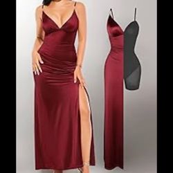 Shapewear Satin Deep-V Front Slit Maxi Dress