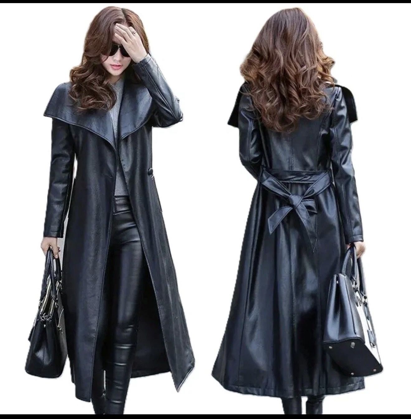 Womens Black Leather Long Trench Coat, Elegant Winter Overcoat in Classic Style