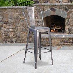 30.5” Clear Coated Metal Bar Stool – Industrial Bistro Style, Curved Slat Back, Floor Model with Minor Wear