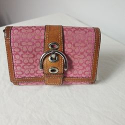COACH SIGNATURE C PINK LONG SNAP WALLET WITH TAN LEATHER  TRIM