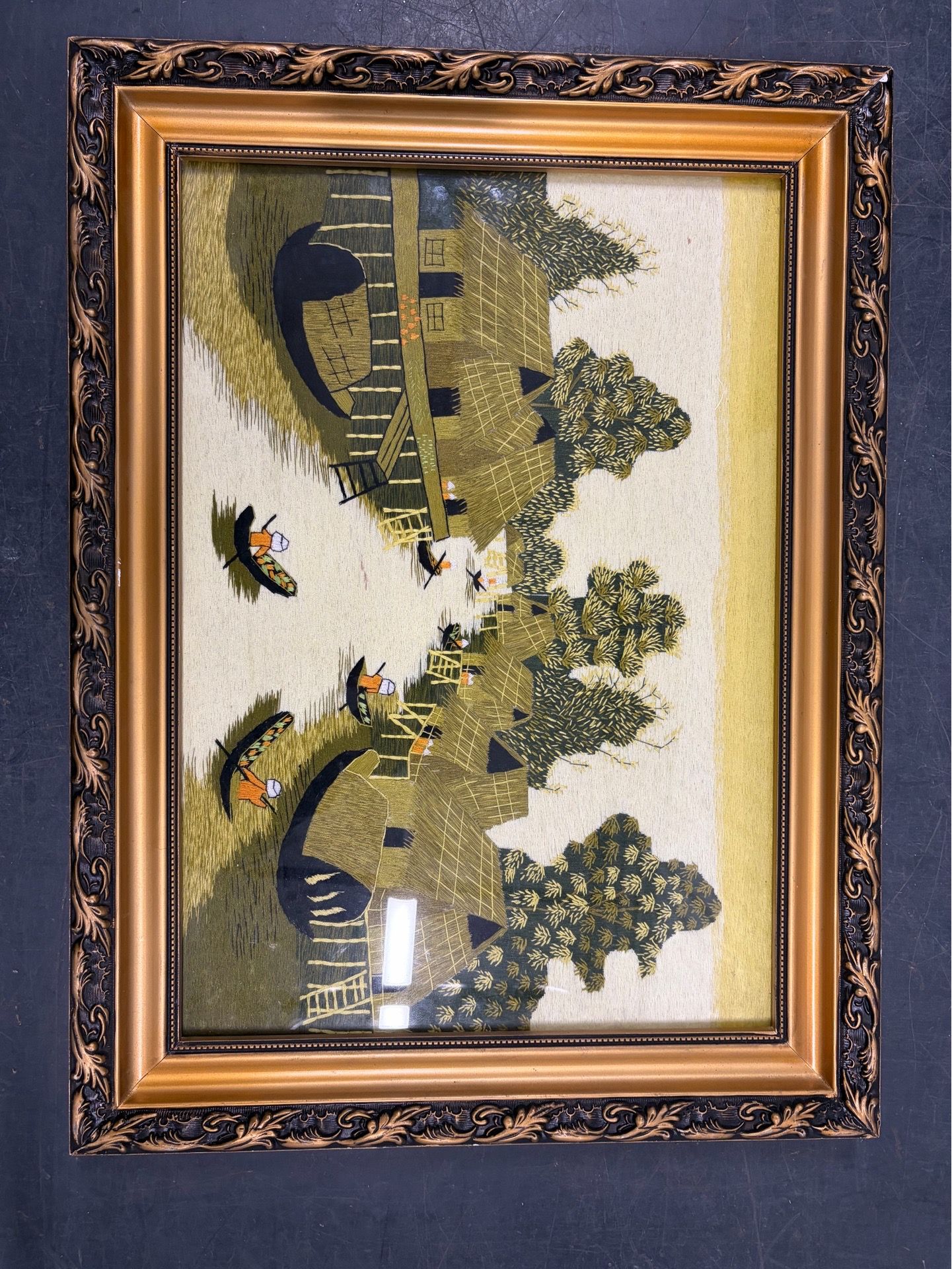 Vintage Framed Embroidery Art Fishing Village