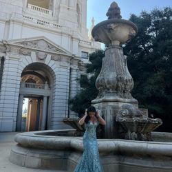 teal mesh corset prom dress