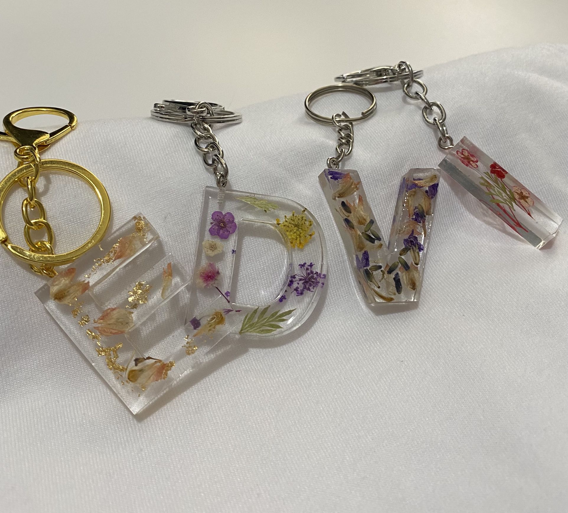 Floral Letter Keychain, Gold Flake Keychains 