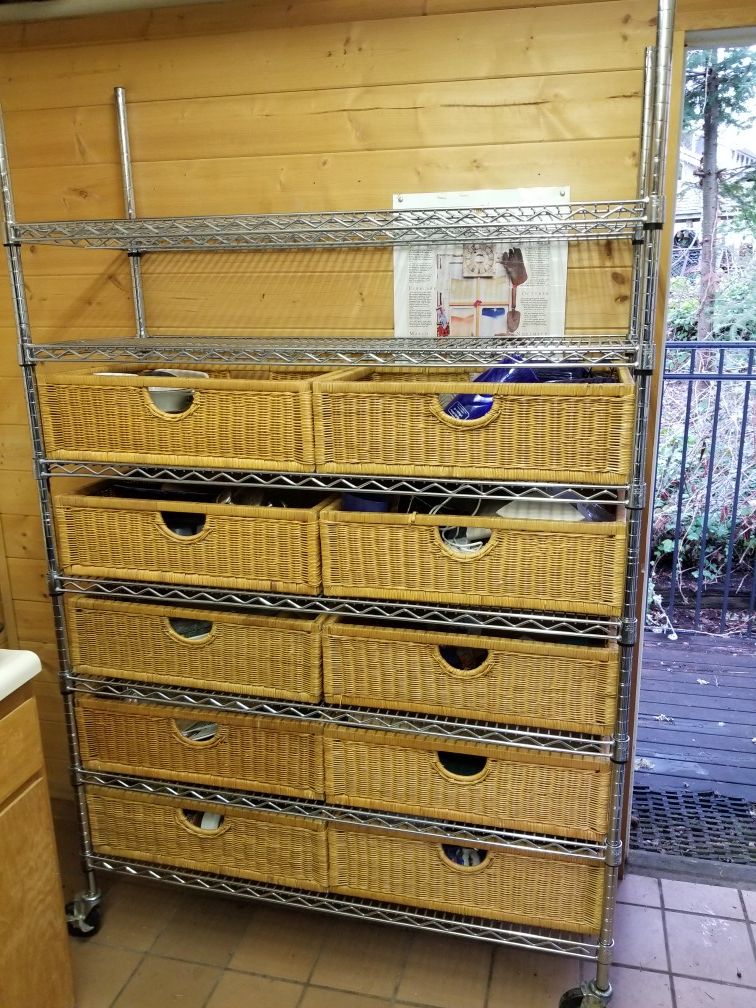 Metro shelves with baskets.