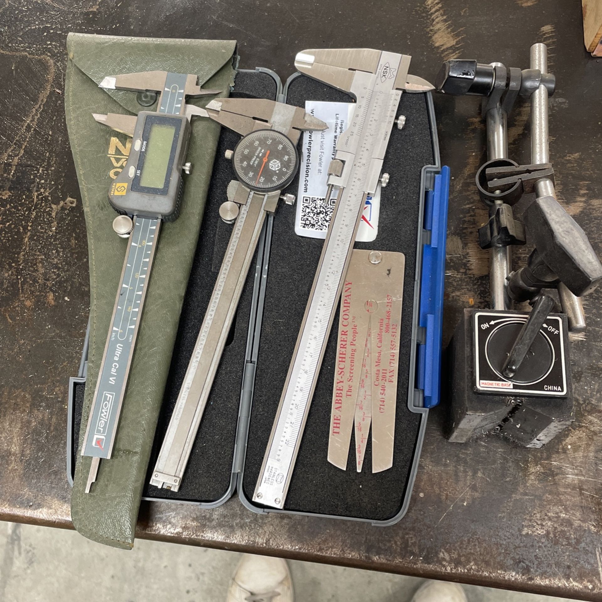 Assorted Calipers And Dial Indicator Stand