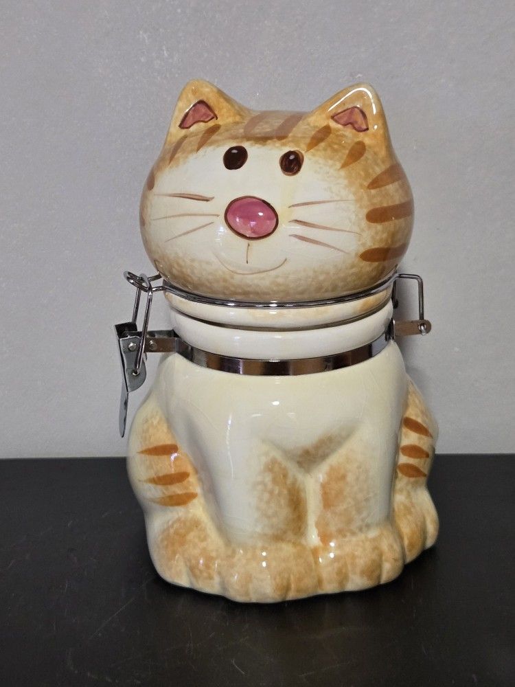 SITTING PRETTY Ceramic Hinged Cat Treat Cookie Jar Canister Boston Trading