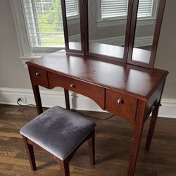 Elegant Cherry Wood Vanity with Mirror & Stool