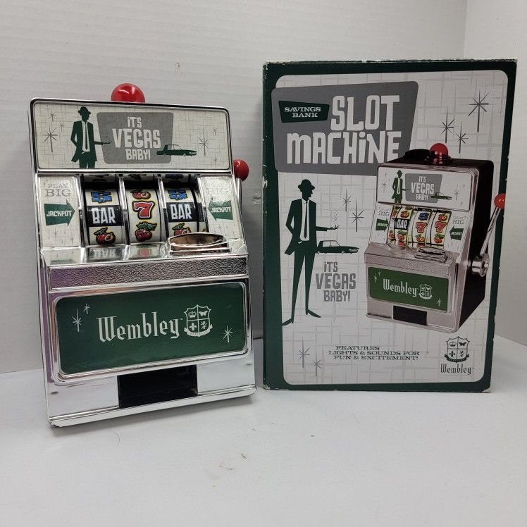 Wembley WEMCO Mini Savings Bank Slot Machine Sounds Piggy Bank Las Vegas + box