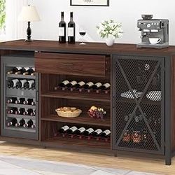  Bar Cabinet with Fridge Space, Wood Long Liquor Cabinet with Drawer Storage, Vintage Wooden Metal Big Wine Cabinet with Cooler, Industrial Sideboard 