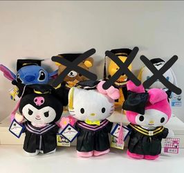 Graduation Plush. Hello kitty. Stitch. Winnie Pooh. Melody. Kuromi