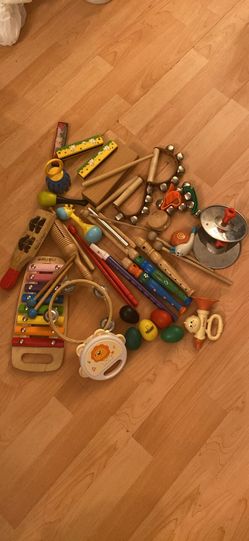 Kids musical instrument lot - xylophone, tambourines, shakers, flutes