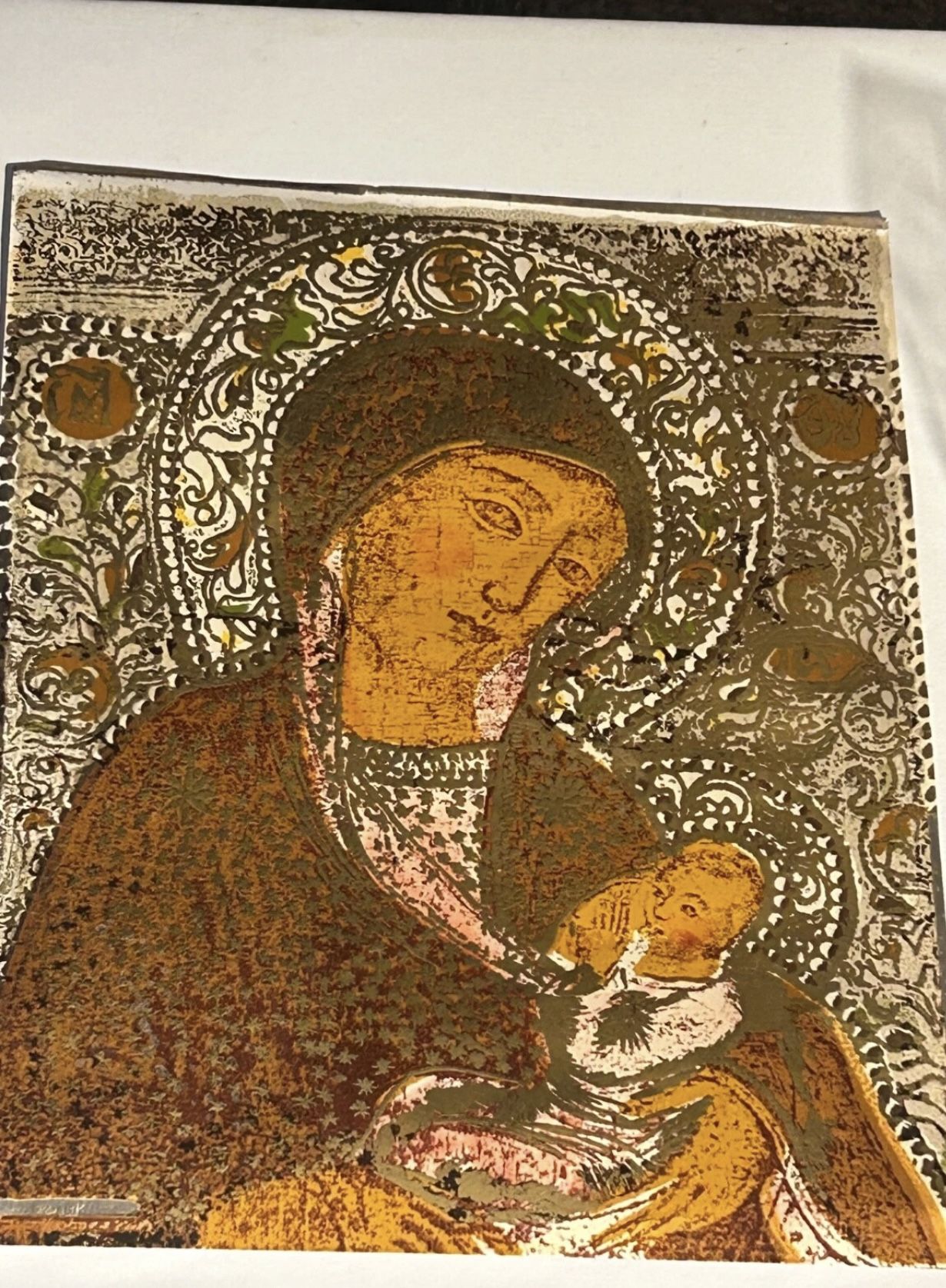 MADONNA AND CHILD PAINTING ICON ON 800 SILVER SHEET