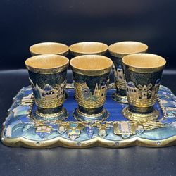 Viretage Karshi Made In Jerusalem Set Of 6 Judica Hand Enameled and Jeweled Kiddush Cups With Tray