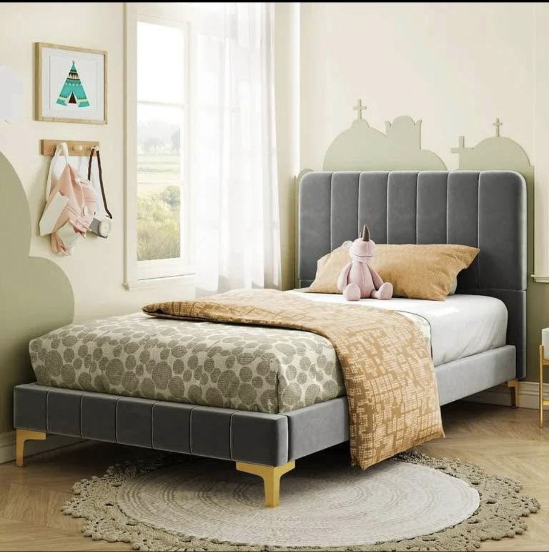 Twin Bed Frames, Modern Velvet Upholstered Platform Bed with Headboard, Soft Rounded Corners, Noise Free, Easy Assembly, Light Gray