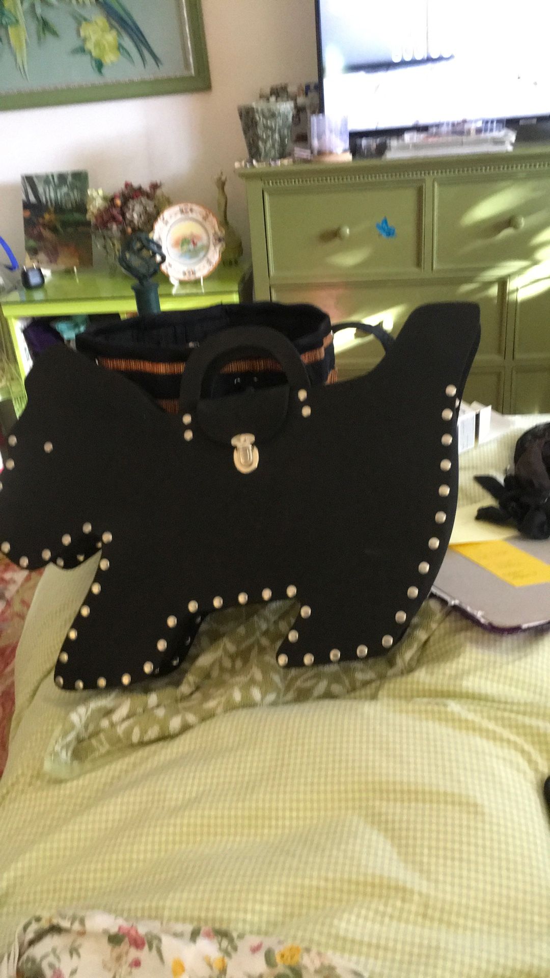 Sulan Black Handbag In Shape Of Dog With  Grommets  19”  Wide By 14” By 3” Wide Synthetic