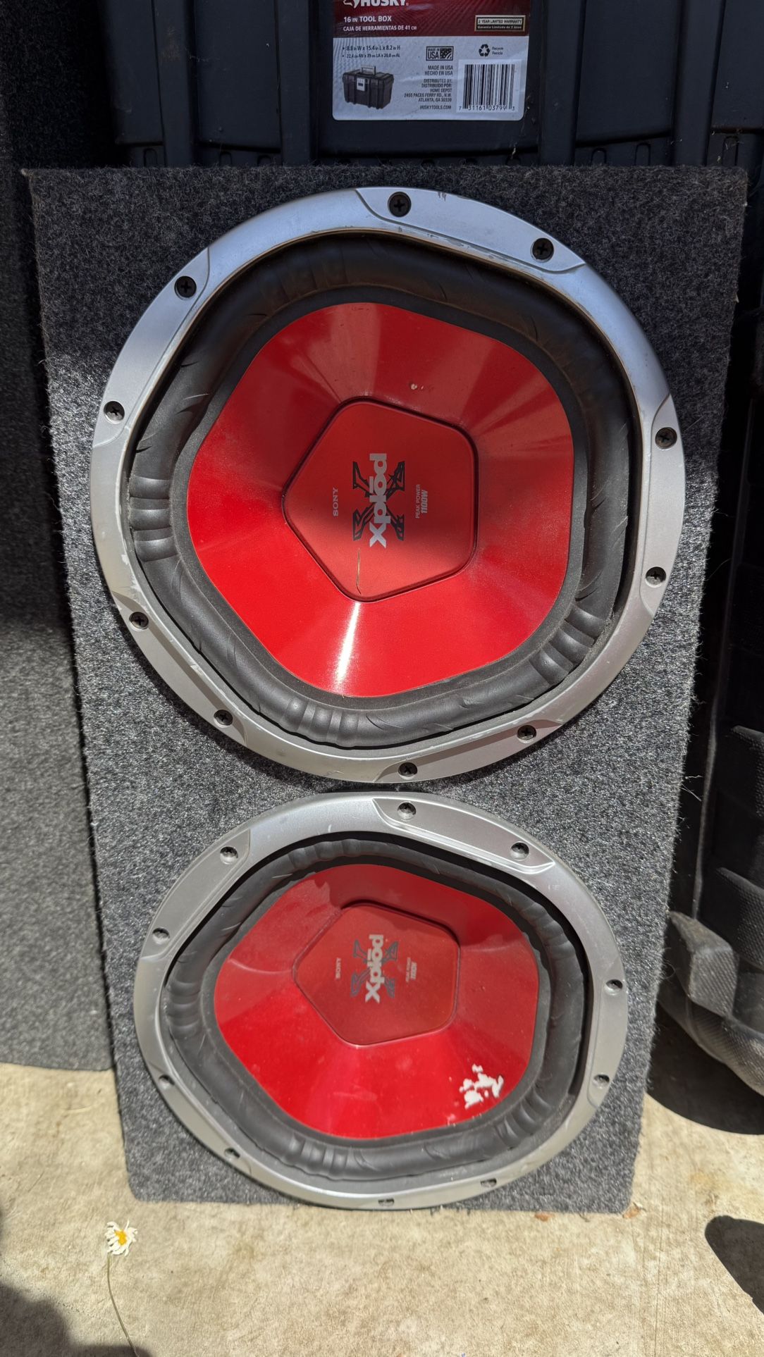 π Sony Xplod Dual 10 Subwoofers in Ported β Untested Powerful-looking pair of Sony Xplod 10-inch subwoofers mounted in a carpeted ported