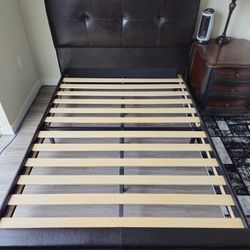 Tufted Faux Leather Upholstered Platform Bed with Footboard and Wooden Slats, Full, Espresso