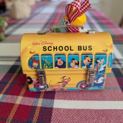 COLLECTIBLE VINTAGE WALT DISNEY HALLMARK 2001 SCHOOL BUS LUNCH BOX AND THERMOS ORNAMENT 2PCS INCLUDED 